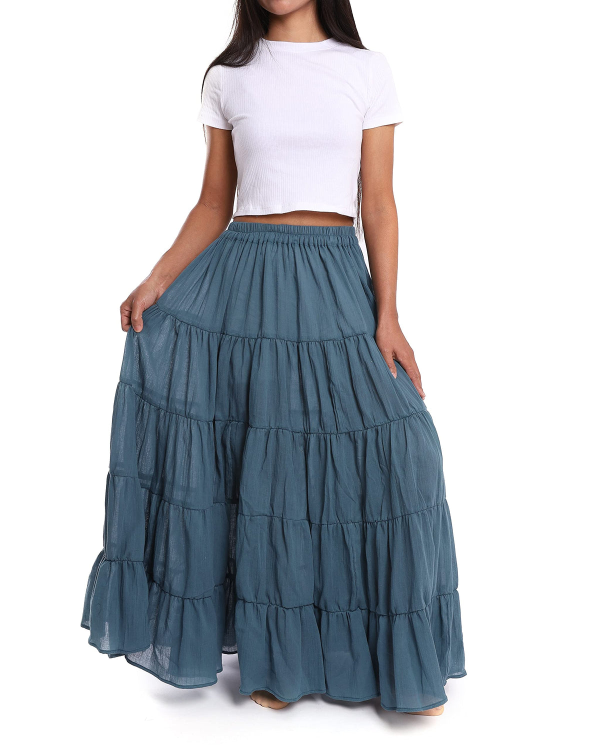 Lannaclothesdesign Women's Cotton Long Ruffle Maxi Skirt