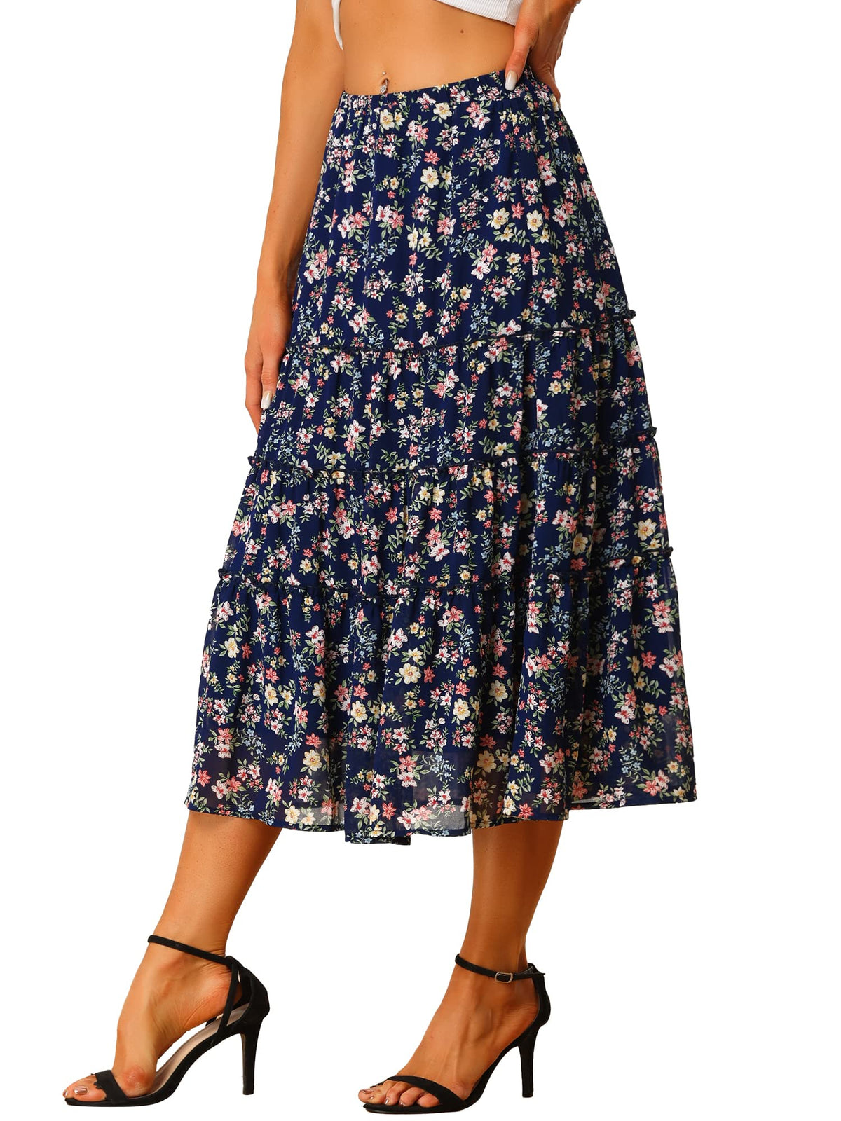 Allegra K Women's Floral Skirt Chiffon A-line Long Tiered Ruffle Maxi Skirt
