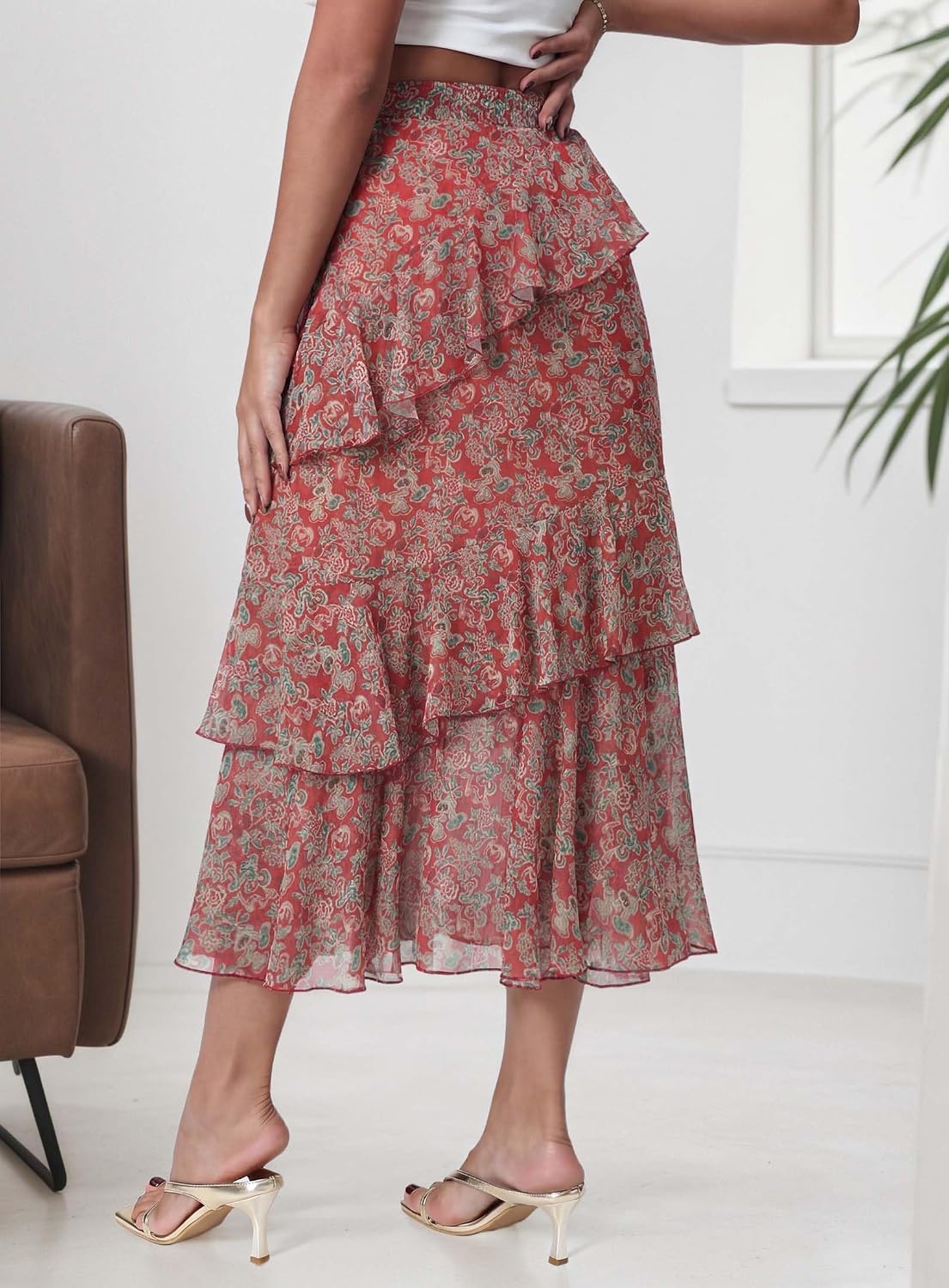 DERAX Women's Boho Floral Midi Skirt A Line Tiered Ruffle Long Skirts