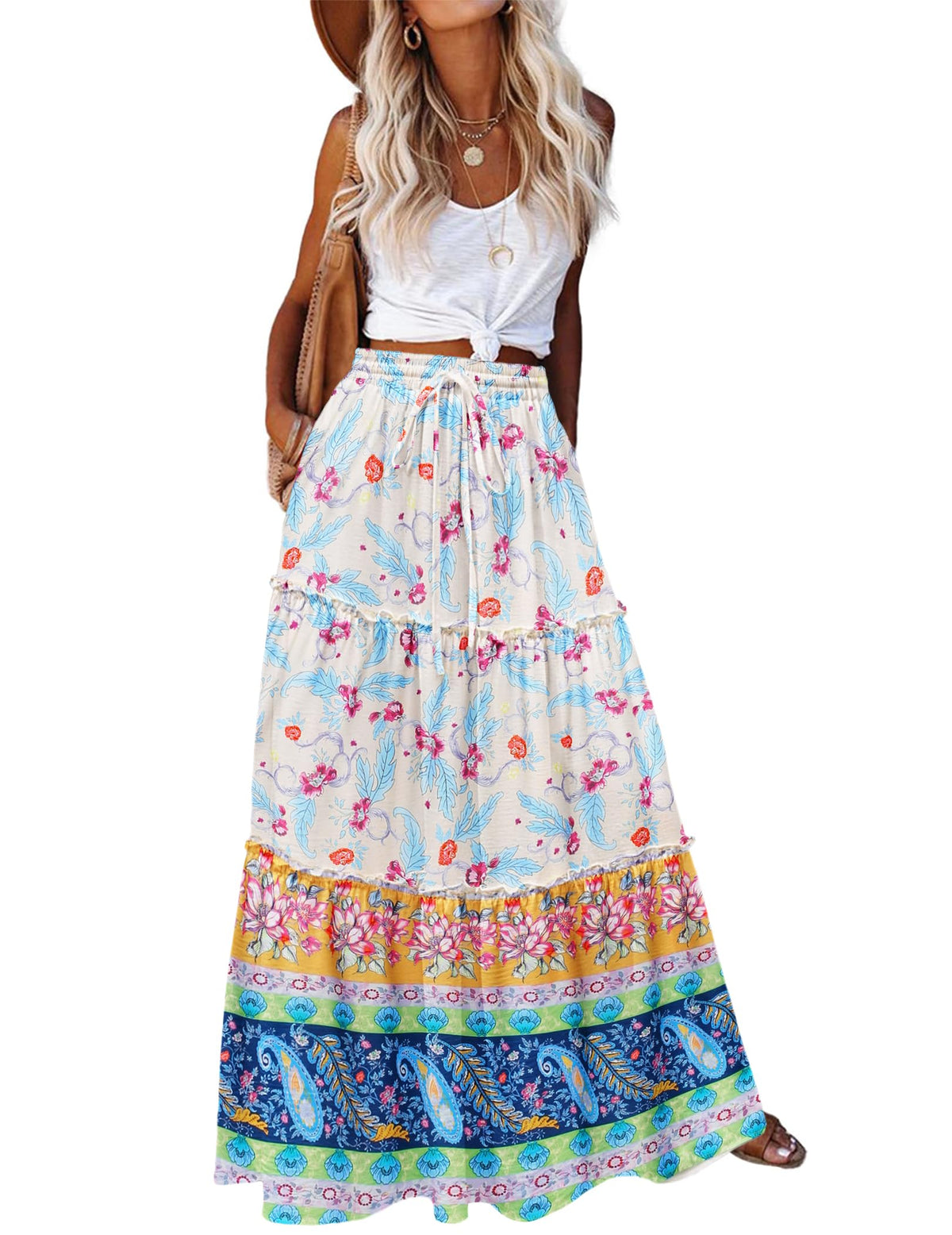 Zeagoo Womens Casual Maxi Skirts for Women 2026 High Waist Boho Skirts Floral Printed Long Flowy Skirt with Pockets