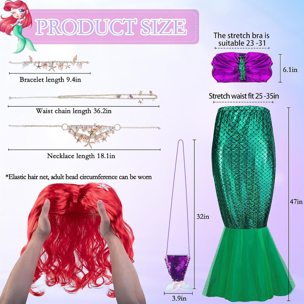 7 Pack Halloween Women Mermaid Costume, Mermaid Tube Top Skirt Costume Set