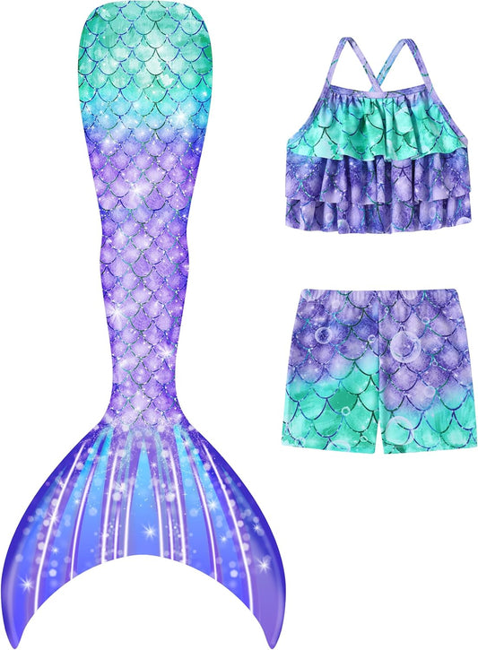 Girls Mermaid Swimsuit 3 Piece Tankini Set for 4-10 Years