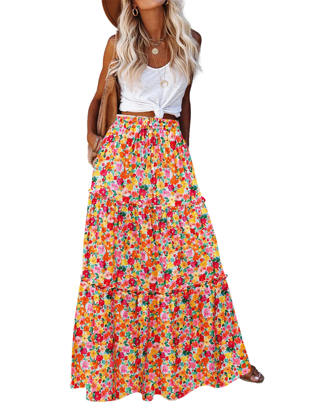Zeagoo Womens Casual Maxi Skirts for Women 2026 High Waist Boho Skirts Floral Printed Long Flowy Skirt with Pockets
