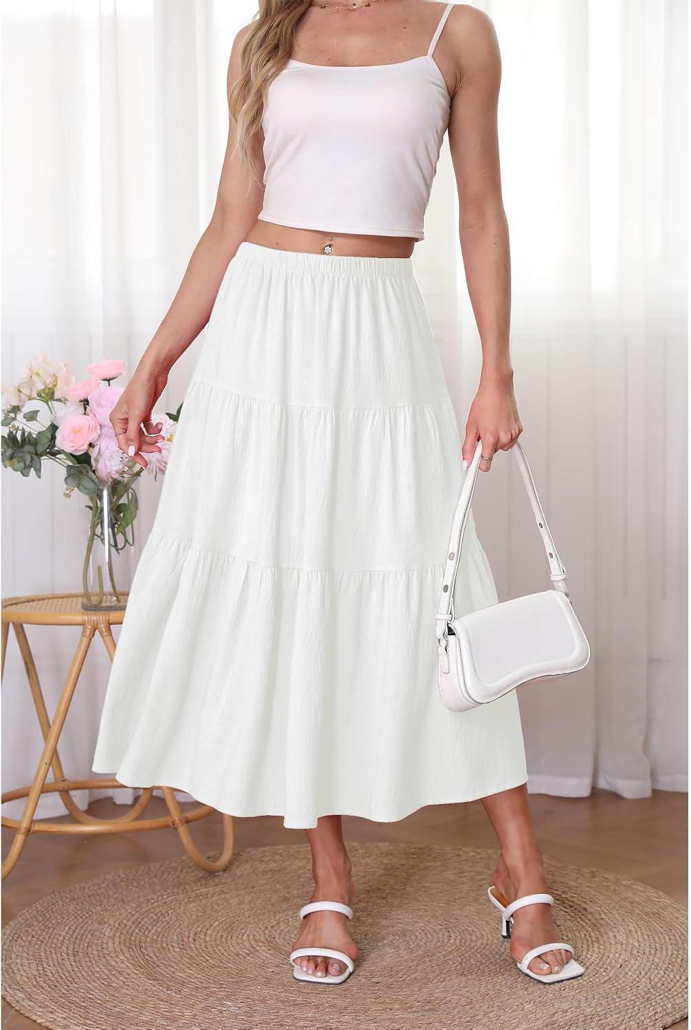 Kingfancy Women's Boho Midi Skirt A-Line Flowy Skirts