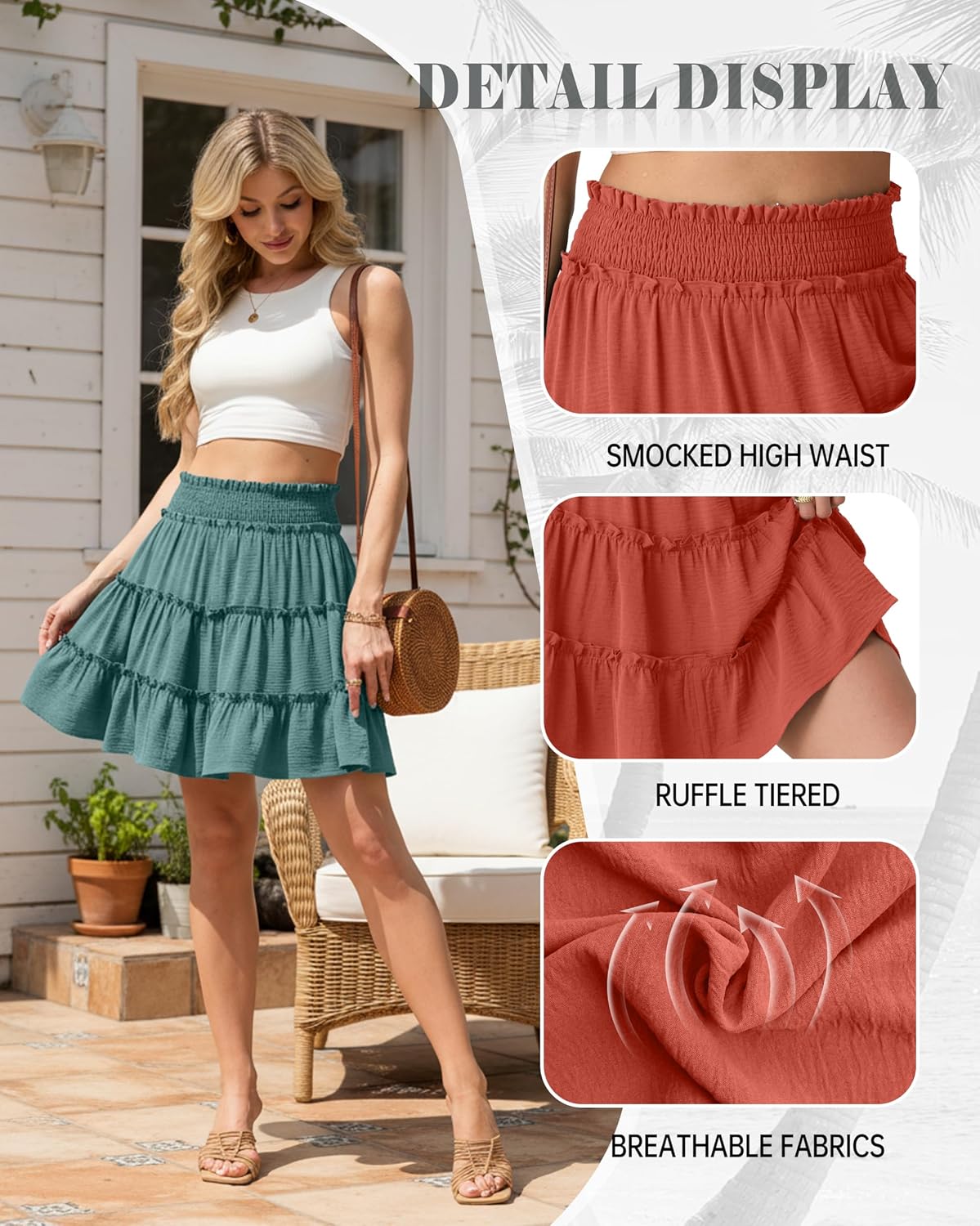 Lepunuo Women's High Waisted Tiered Smocked Ruffle Mini Skirt