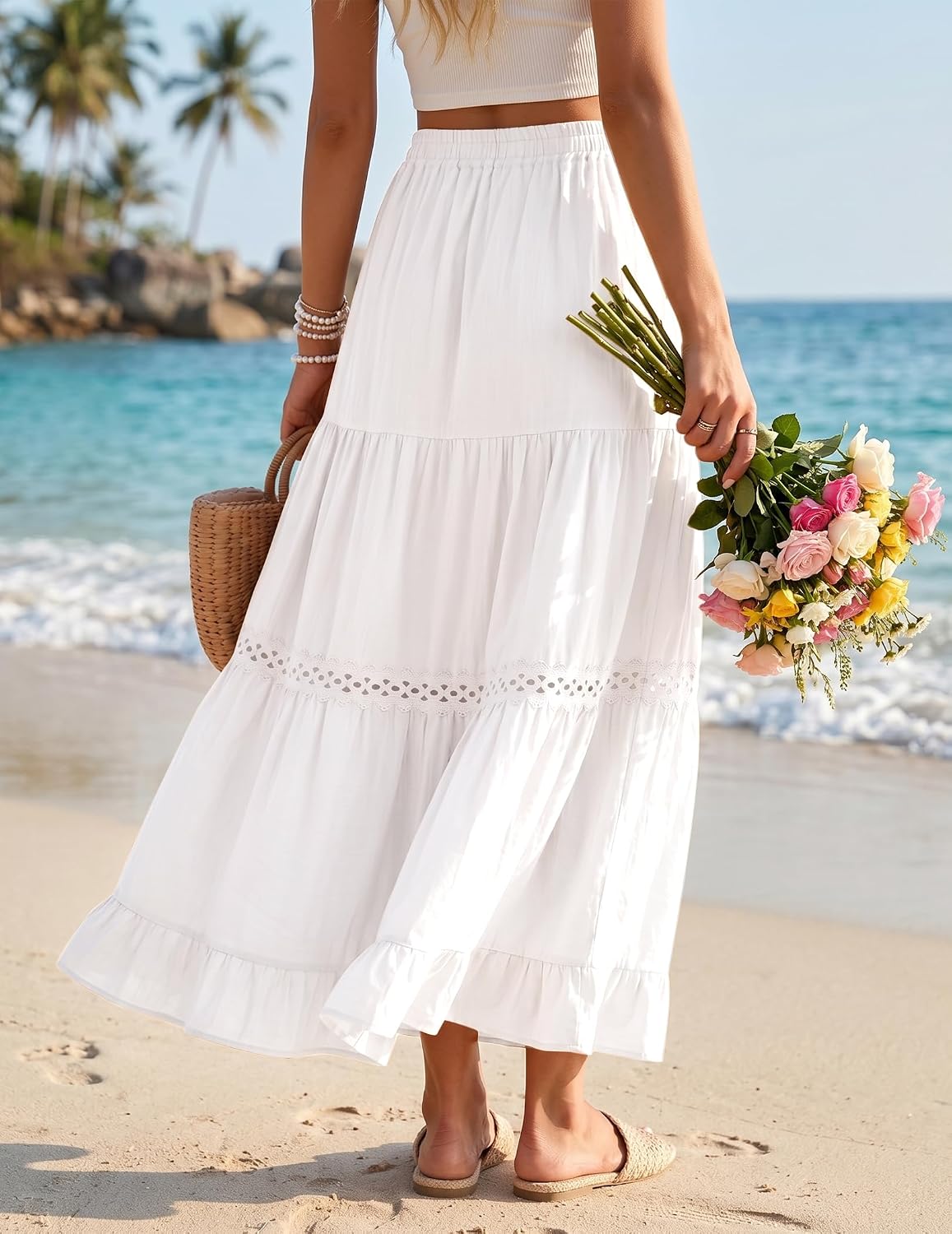 Womens Long Maxi Cotton Summer Boho Tiered A Line Skirts