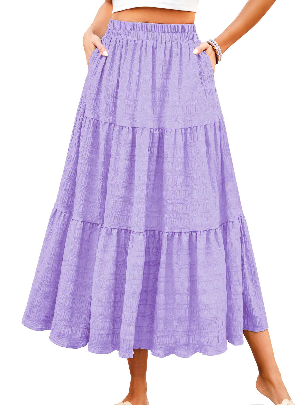 HUSKARY Women's Summer Casual Elegant Smock Layered Tiered Maxi Skirt High Waisted A Line Flowy Long Skirts with Pockets