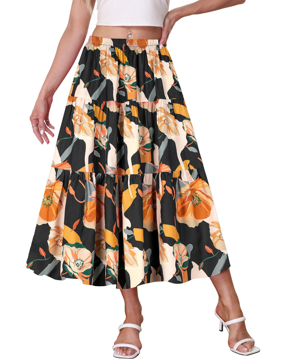 Kingfancy Women's Boho Midi Skirt A-Line Flowy Skirts