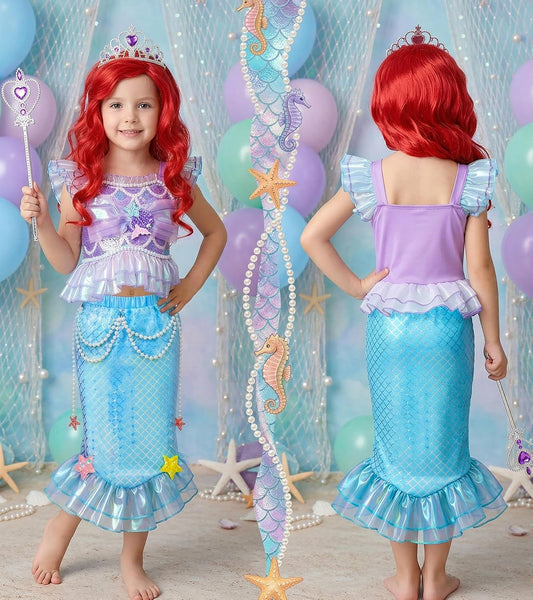 G.C Mermaid Costume for Girls,Little Mermaid Dress with Red Wig,Princess Dress Up Halloween Birthday Gift for Kids 3-7