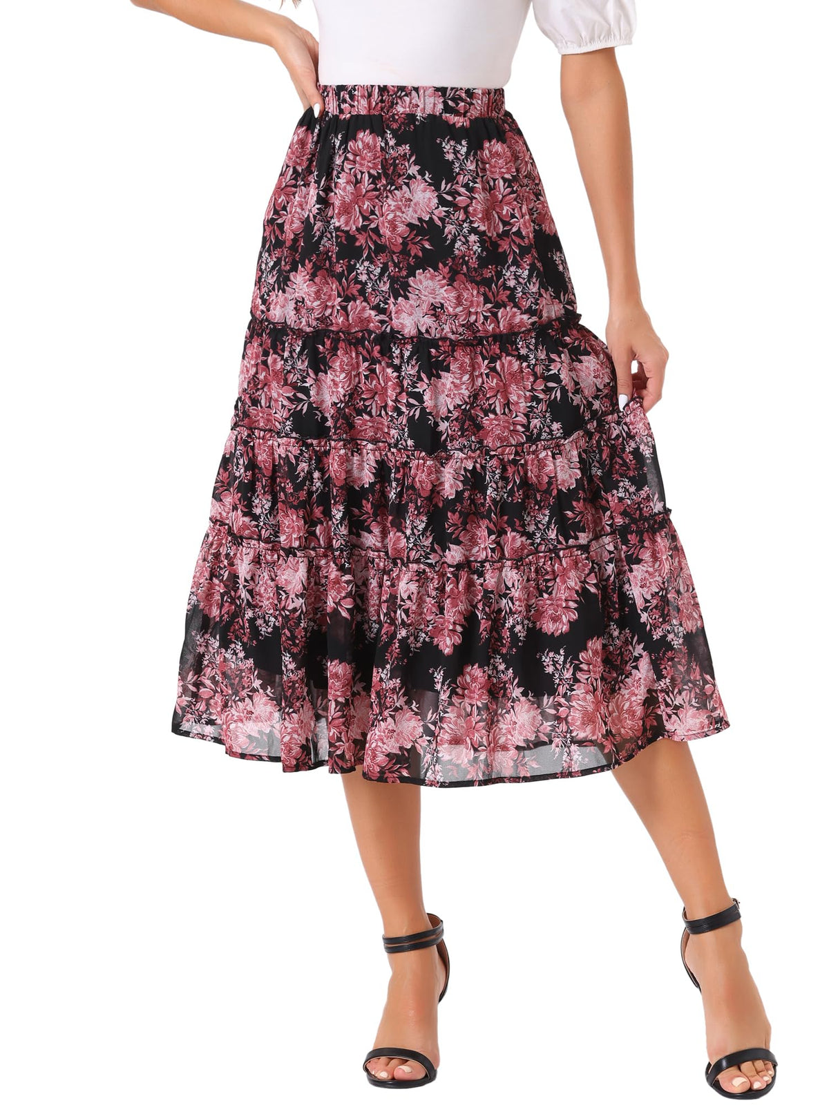 Allegra K Women's Floral Skirt Chiffon A-line Long Tiered Ruffle Maxi Skirt