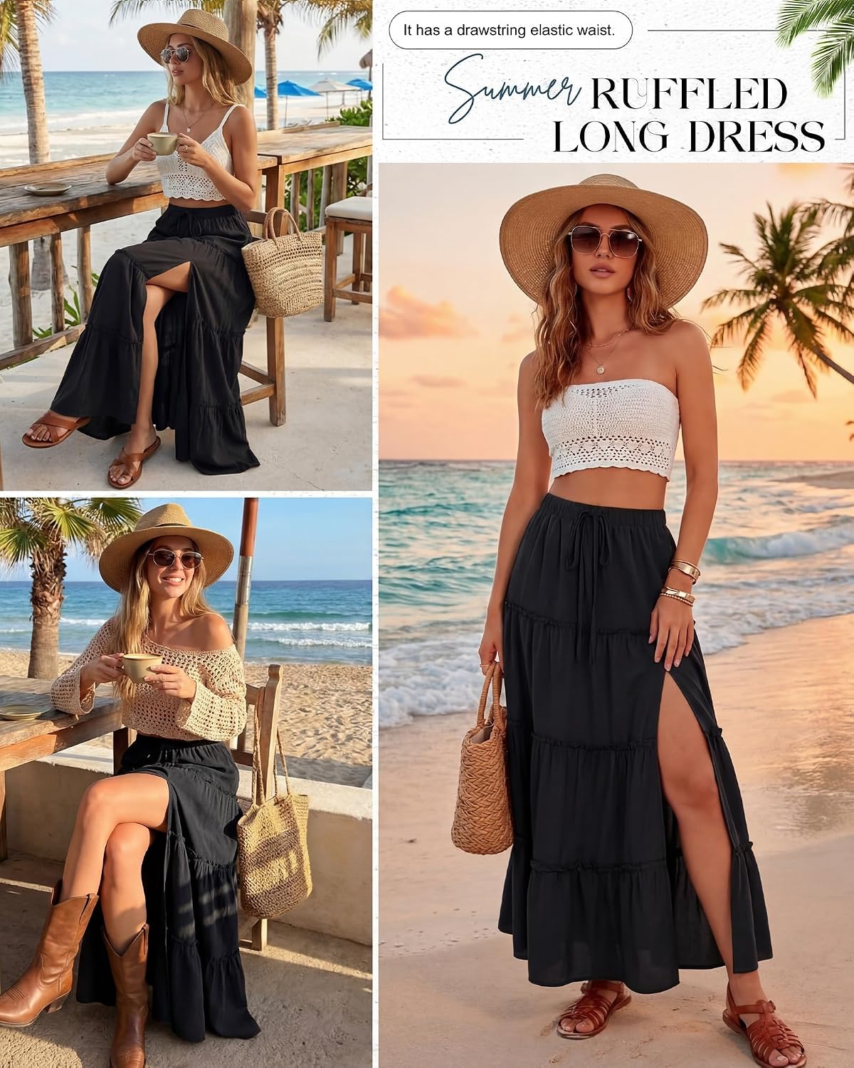 Cutecrop Womens Tiered Maxi Skirt Elastic Waist Flowy Casual Boho Western Skirts Ruffle High Slit Country Cowgirl Long Skirts