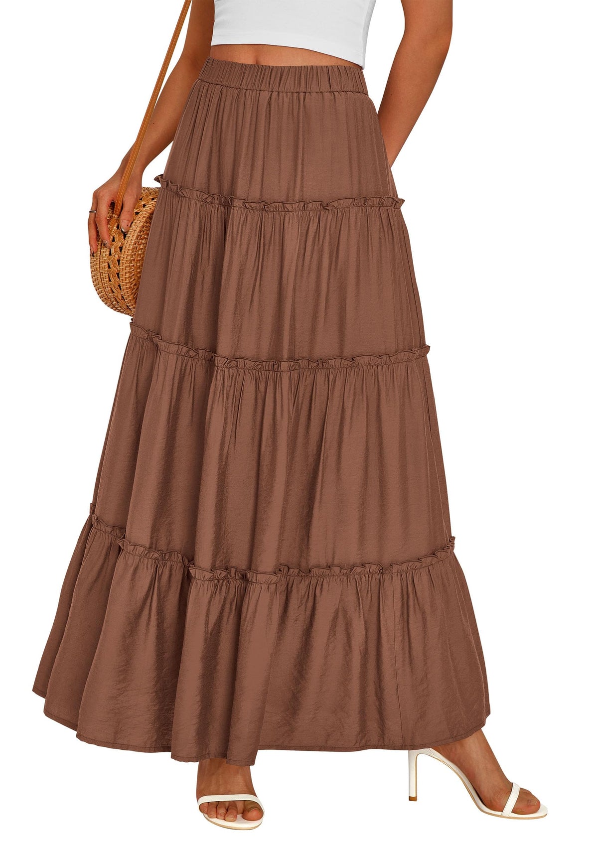 PRETTYGARDEN Women's Boho Tiered Ruffle Flowy Maxi Skirt
