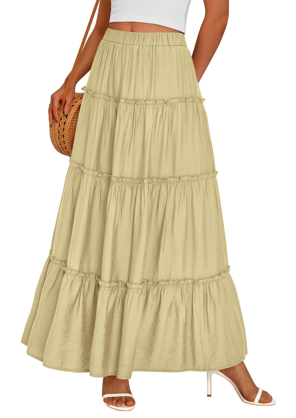 PRETTYGARDEN Women's Boho Tiered Ruffle Flowy Maxi Skirt