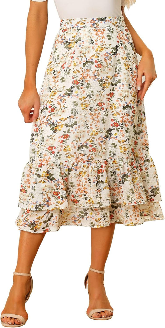 Allegra K Women's Printed Skirt Chiffon Ruffle Tiered Flowy Midi Skirts