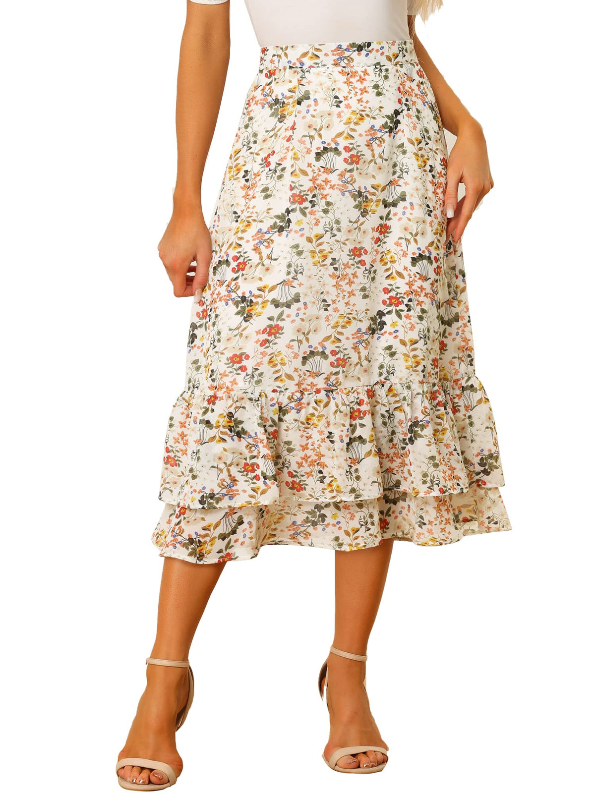 Allegra K Women's Printed Skirt Chiffon Ruffle Tiered Flowy Midi Skirts