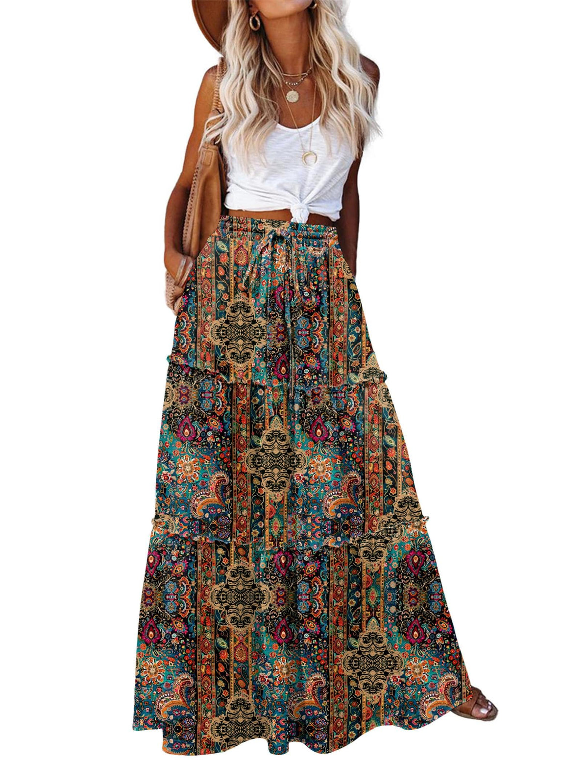 Zeagoo Womens Casual Maxi Skirts for Women 2026 High Waist Boho Skirts Floral Printed Long Flowy Skirt with Pockets