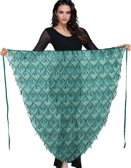 MUNAFIE Hip Scarf for Belly Dance Folk Dance Halloween Costume Tribal Dance Skirt with Sequin Tassel