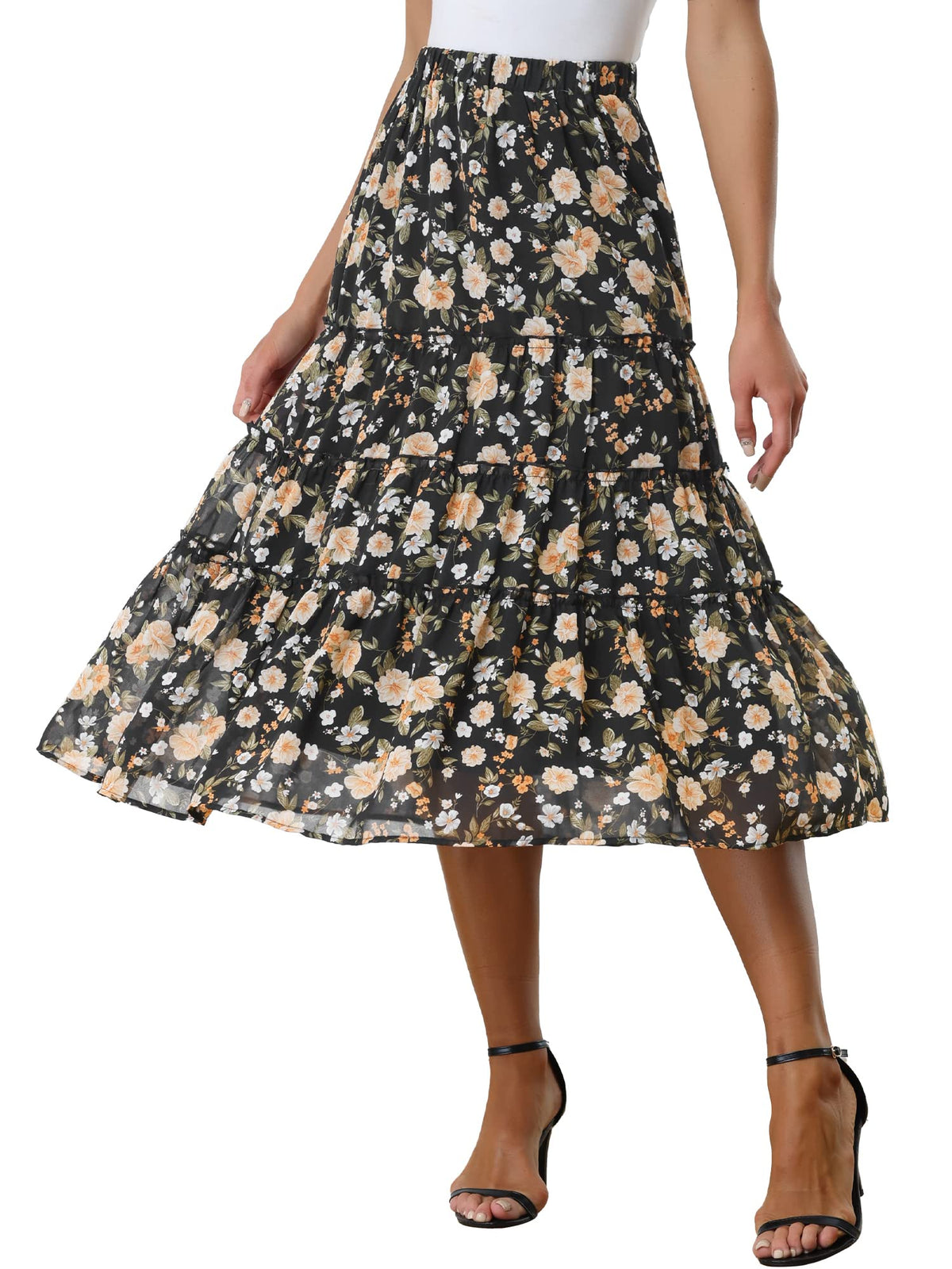 Allegra K Women's Floral Skirt Chiffon A-line Long Tiered Ruffle Maxi Skirt