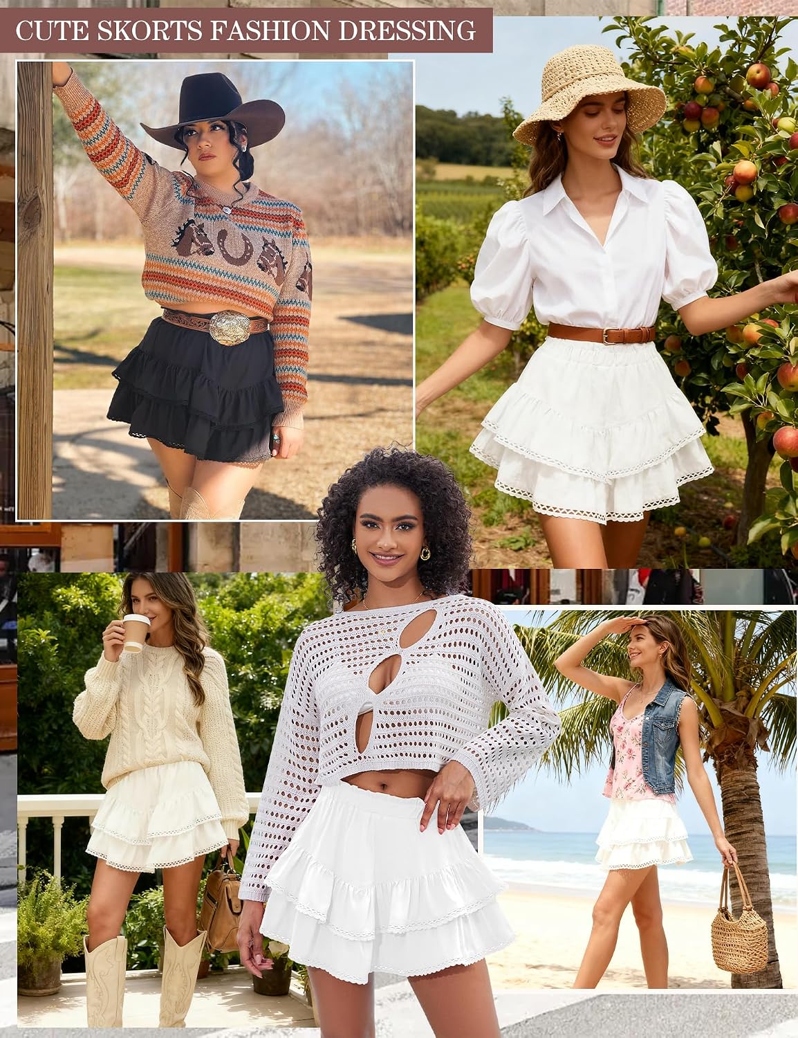 LOMON Flowy Skorts for Women Ruffle Tiered High Waist Crochet Mini Skirts