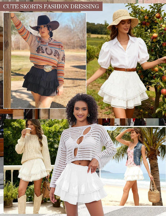 LOMON Flowy Skorts for Women Ruffle Tiered High Waist Crochet Mini Skirts