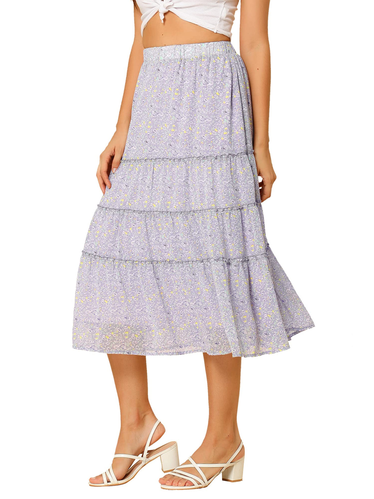 Allegra K Women's Floral Skirt Chiffon A-line Long Tiered Ruffle Maxi Skirt