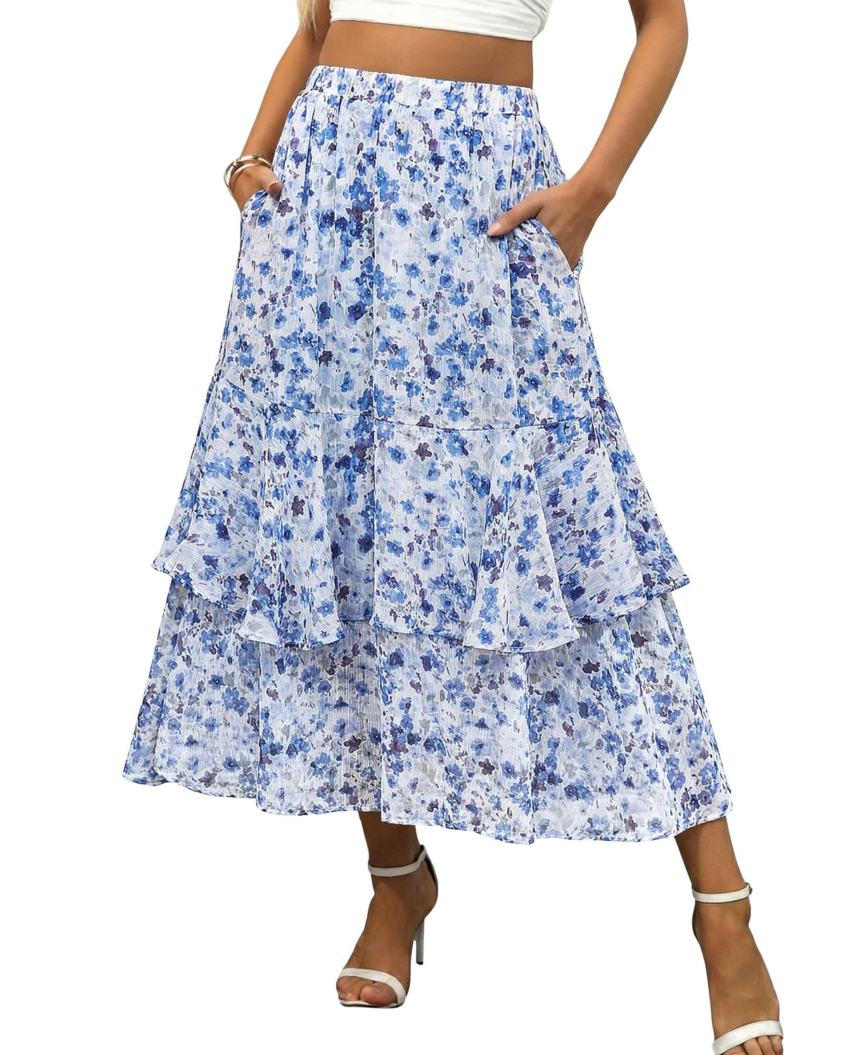 luvamia Long Skirts for Women Floral Flowy Boho Tiered Ruffle A Line Summer Chiffon Elastic Waist Maxi Skirt with Pocket
