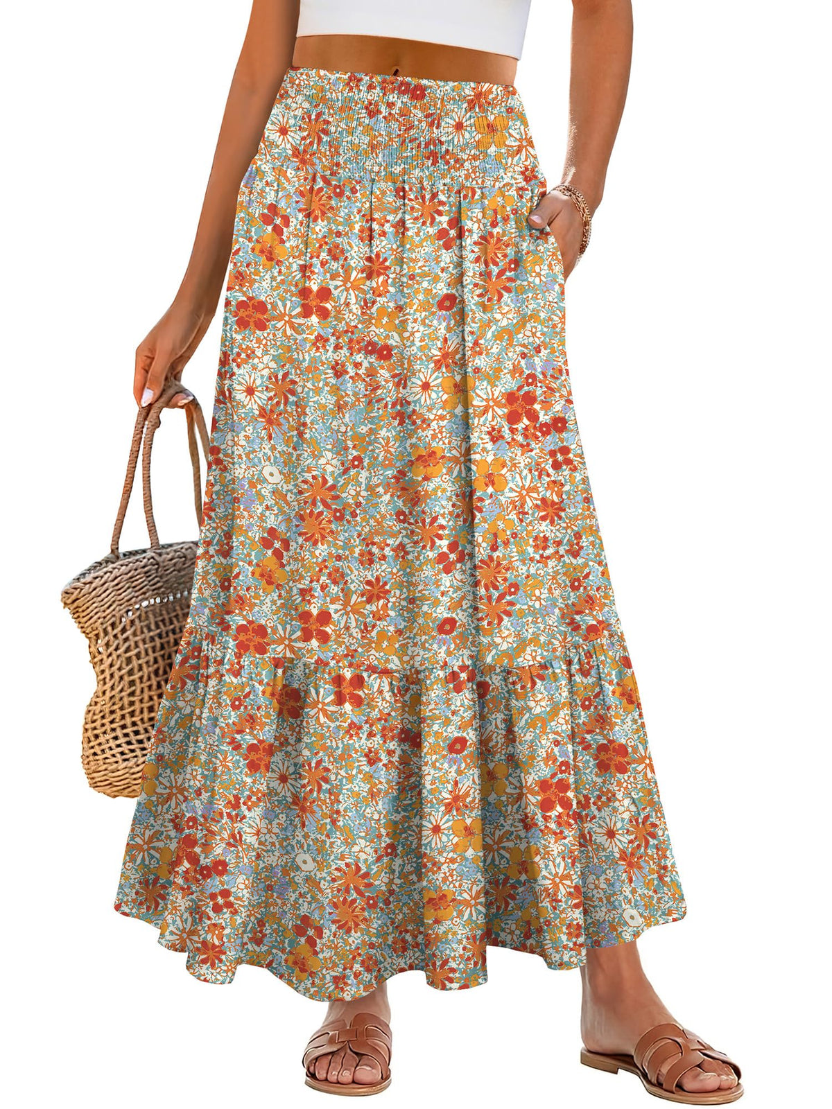ANRABESS Women Boho Floral Maxi Skirts, High Waisted Tiered Skirt, Flowy Beach Skirts with Pockets for Vacation & Summer Wear