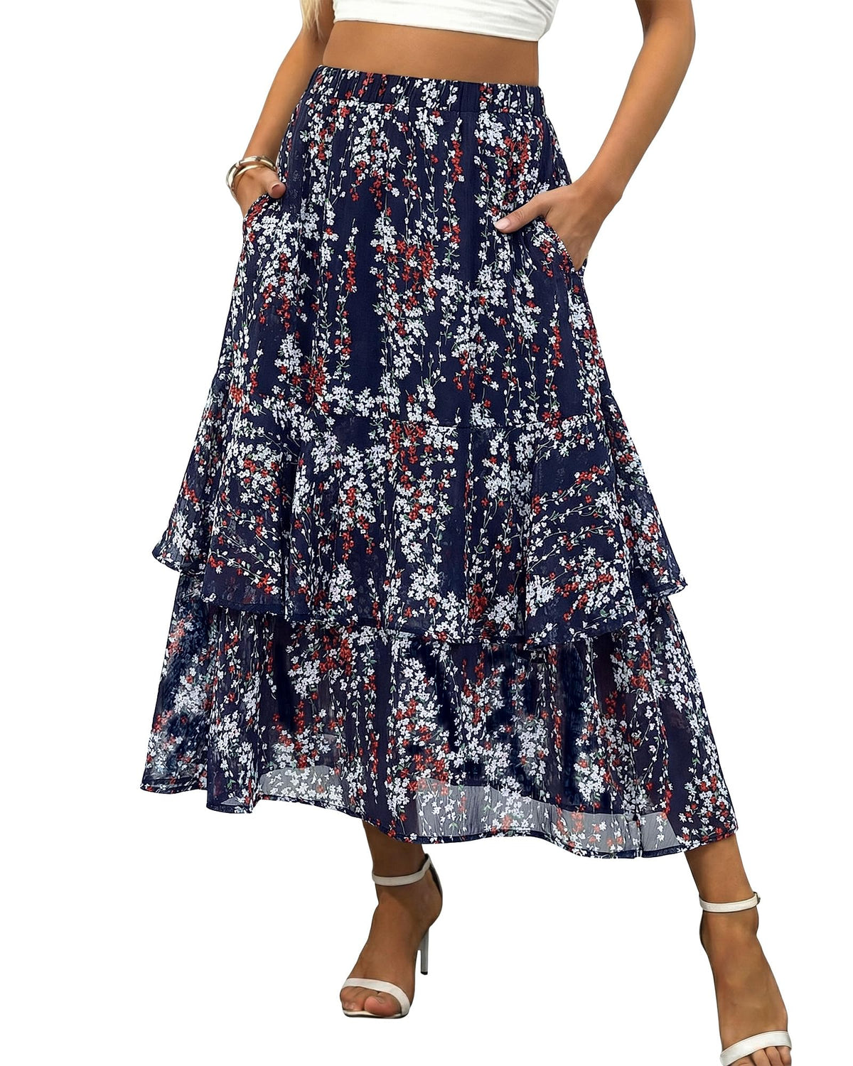 luvamia Long Skirts for Women Floral Flowy Boho Tiered Ruffle A Line Summer Chiffon Elastic Waist Maxi Skirt with Pocket