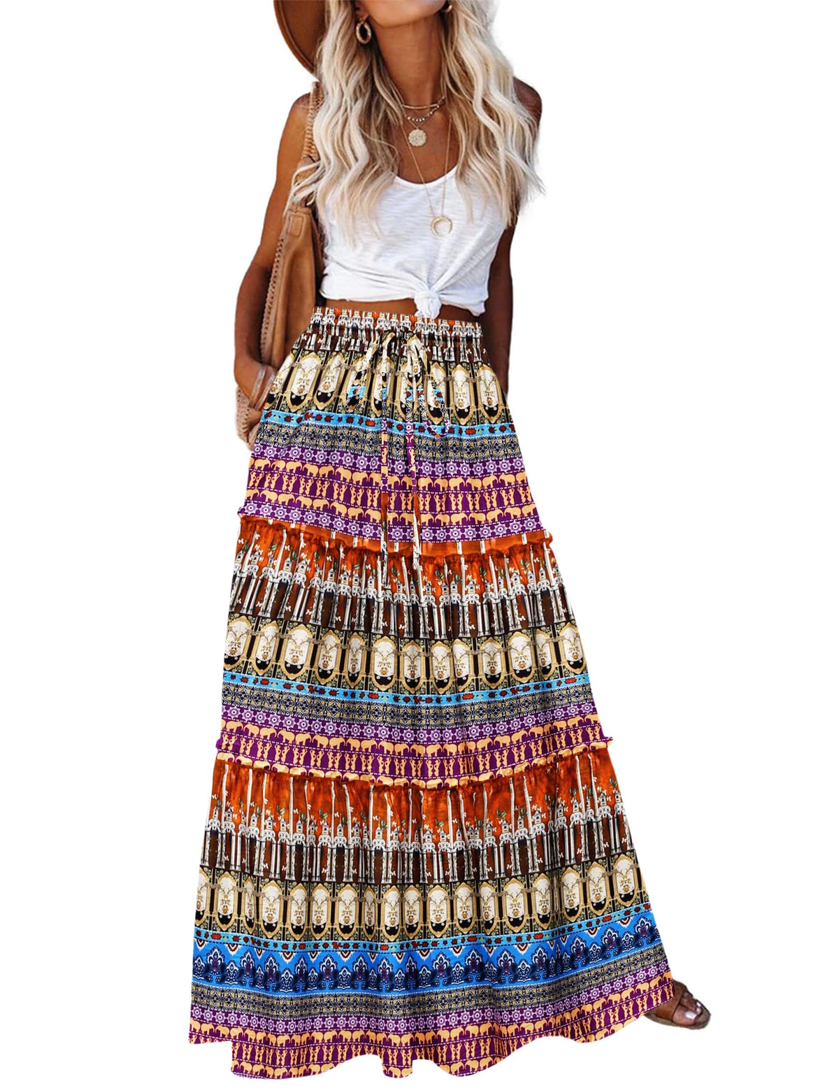 Zeagoo Womens Casual Maxi Skirts for Women 2026 High Waist Boho Skirts Floral Printed Long Flowy Skirt with Pockets