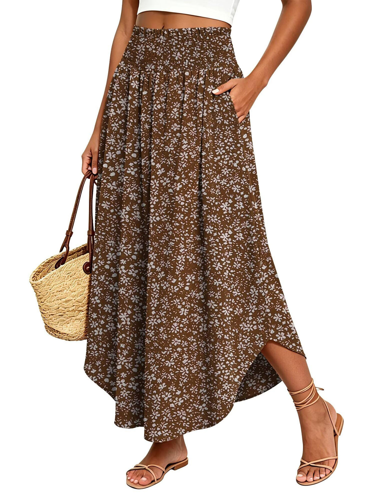 StunShow Women's Maxi Skirts Boho High Waisted Flowy A Line Pleated Beach Long Skirt with Pockets(S-XXL)