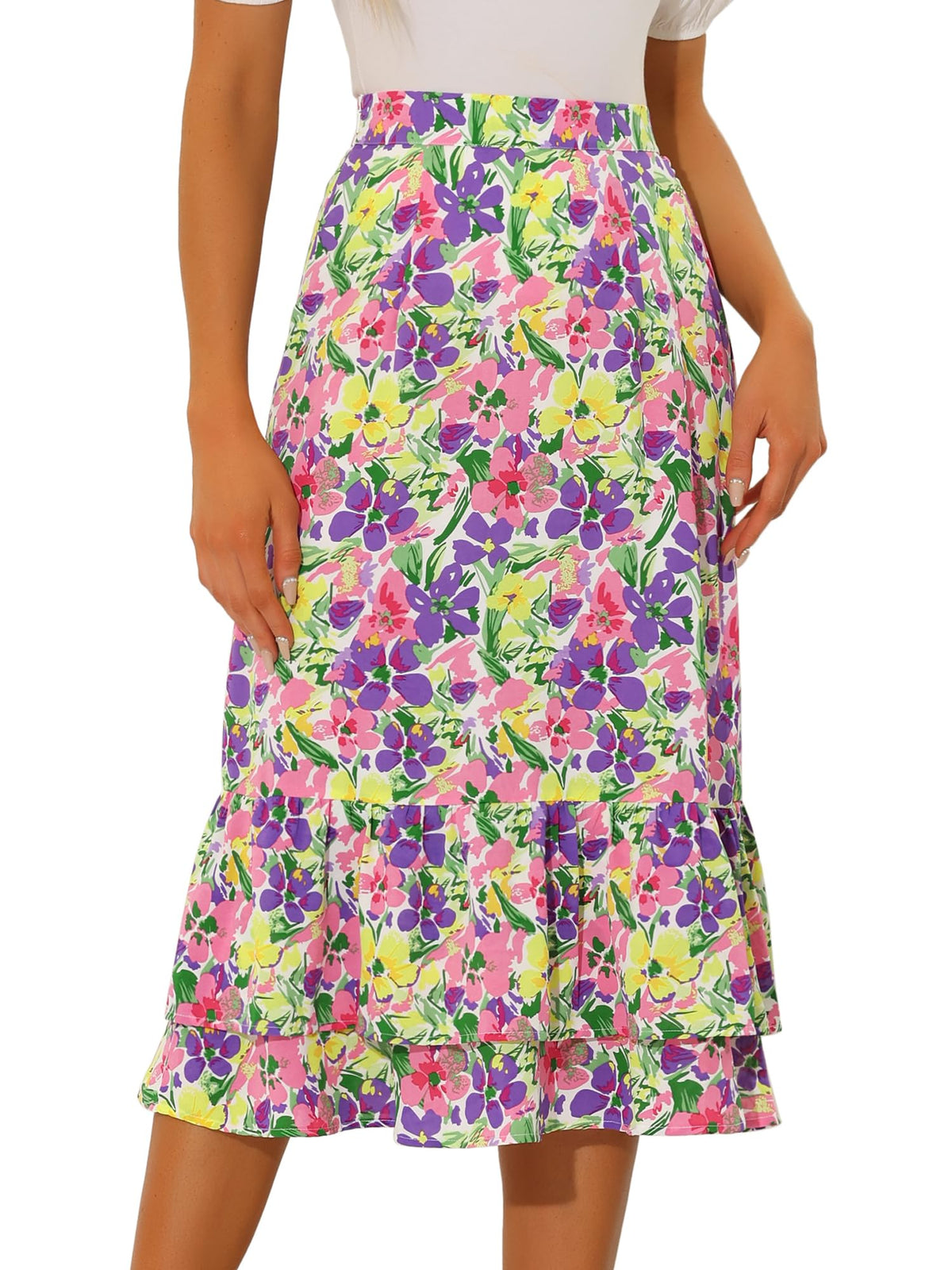 Allegra K Women's Printed Skirt Chiffon Ruffle Tiered Flowy Midi Skirts