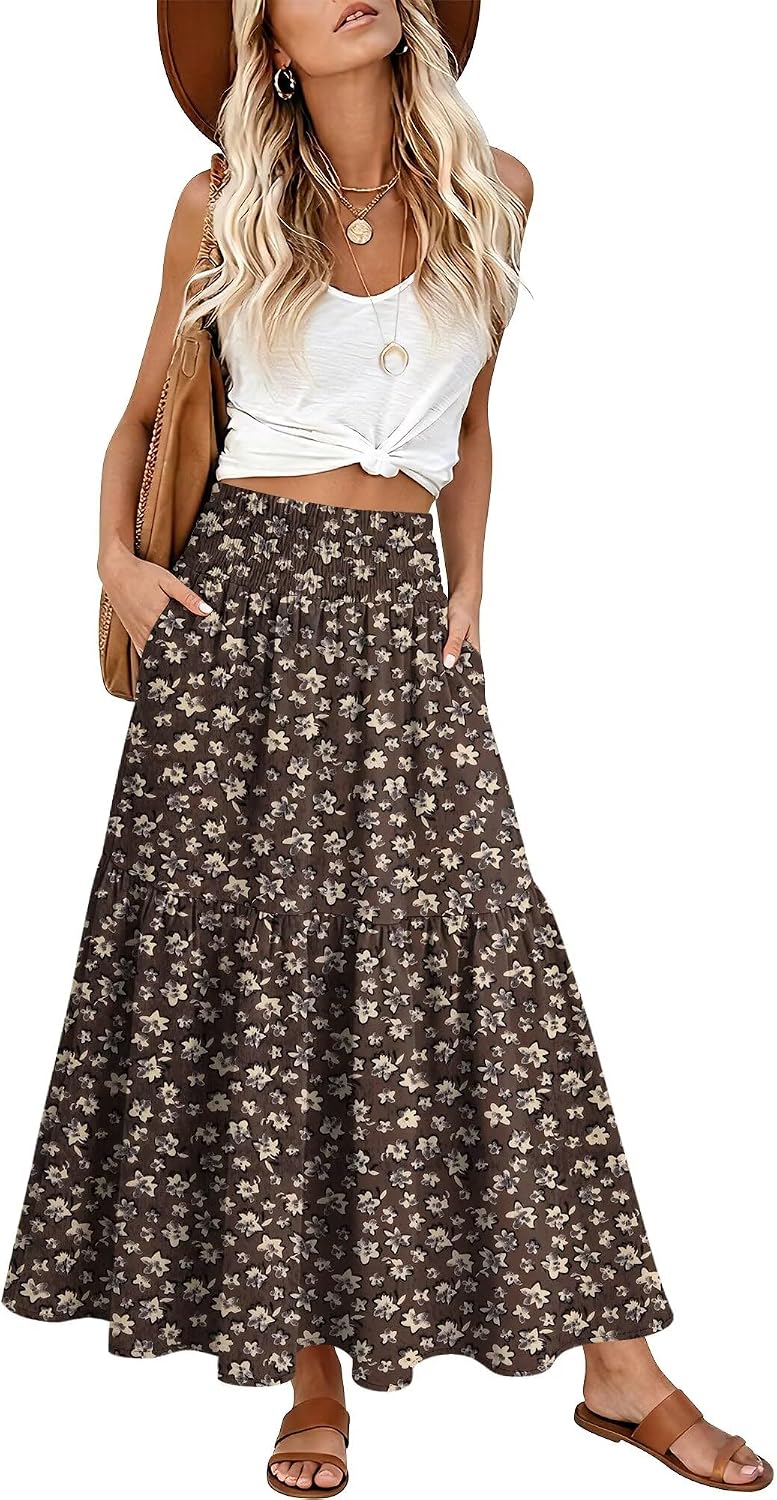 StunShow Women's Maxi Skirts Boho High Waisted Flowy A Line Pleated Beach Long Skirt with Pockets(S-XXL)