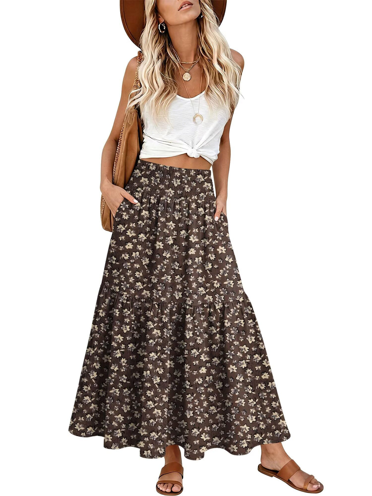 StunShow Women's Maxi Skirts Boho High Waisted Flowy A Line Pleated Beach Long Skirt with Pockets(S-XXL)