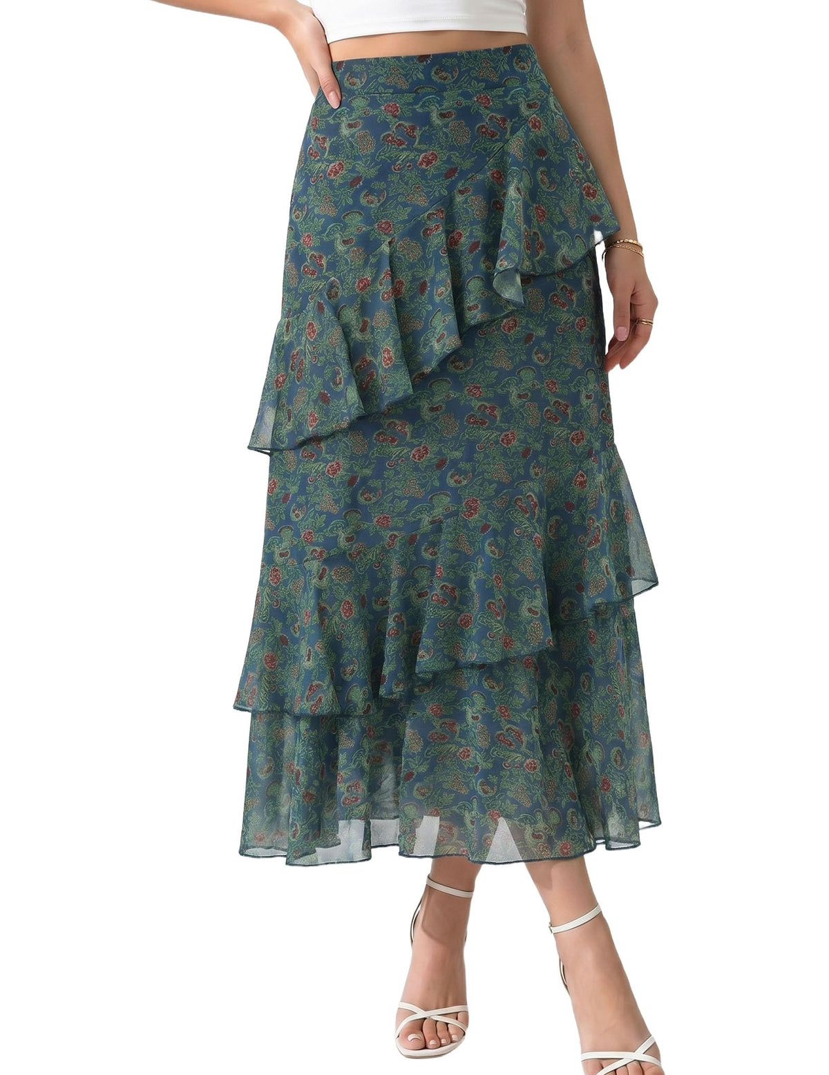 DERAX Women's Boho Floral Midi Skirt A Line Tiered Ruffle Long Skirts