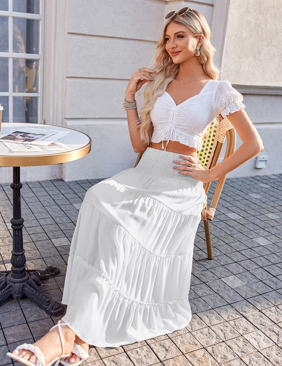Zeagoo Women's Long Maxi Skirts Tiered Elastic High Waist Boho Double Layered Print A-Line Casual Midi Dress