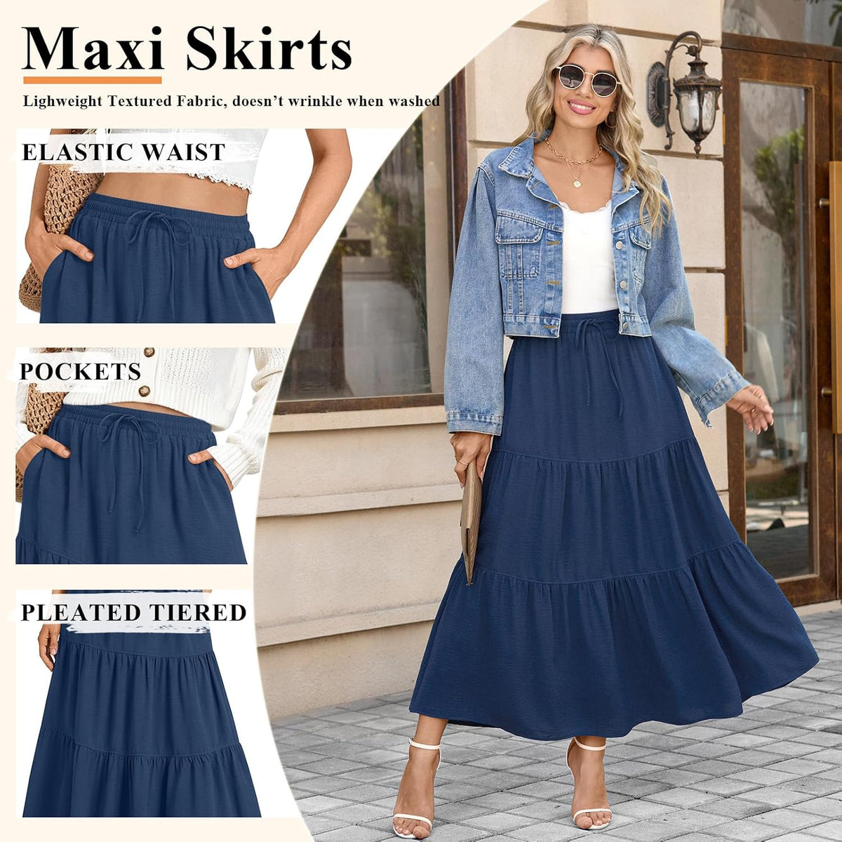 Addtoo Womens Maxi Skirt Pleated Tiered A-Line Elastic Waist Midi Skirt