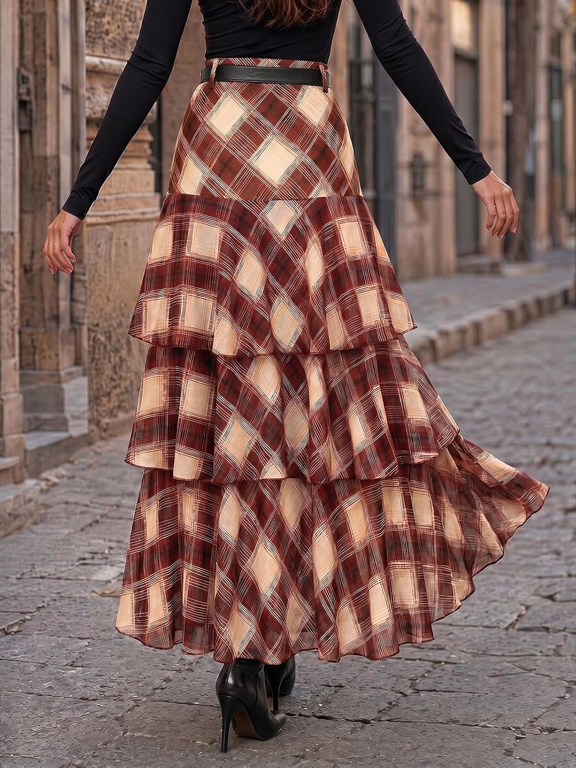 Wenrine Womens Mesh Maxi Skirt Polka Dot Front Split Tiered Plaid Skirts