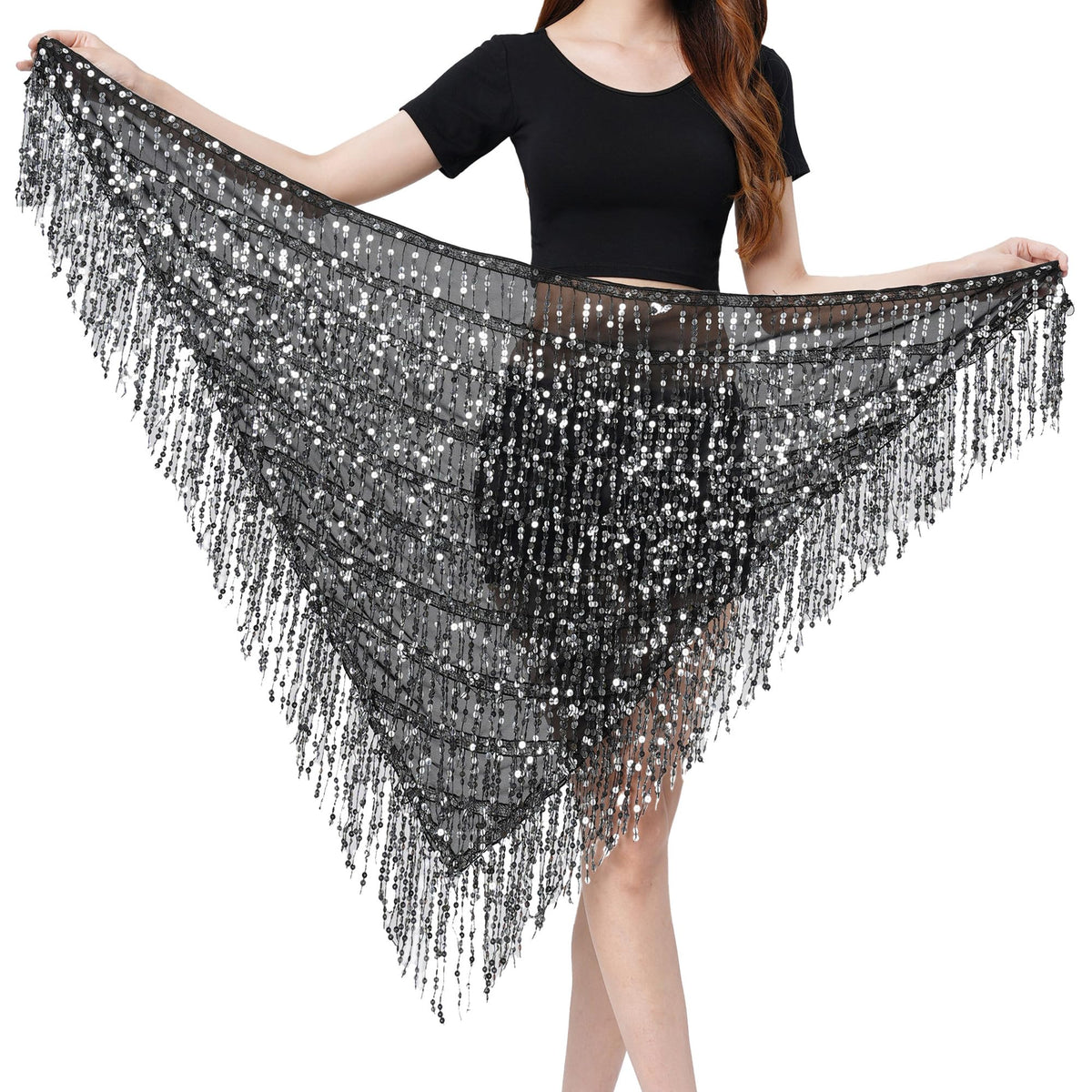 MUNAFIE Hip Scarf for Belly Dance Folk Dance Halloween Costume Tribal Dance Skirt with Sequin Tassel