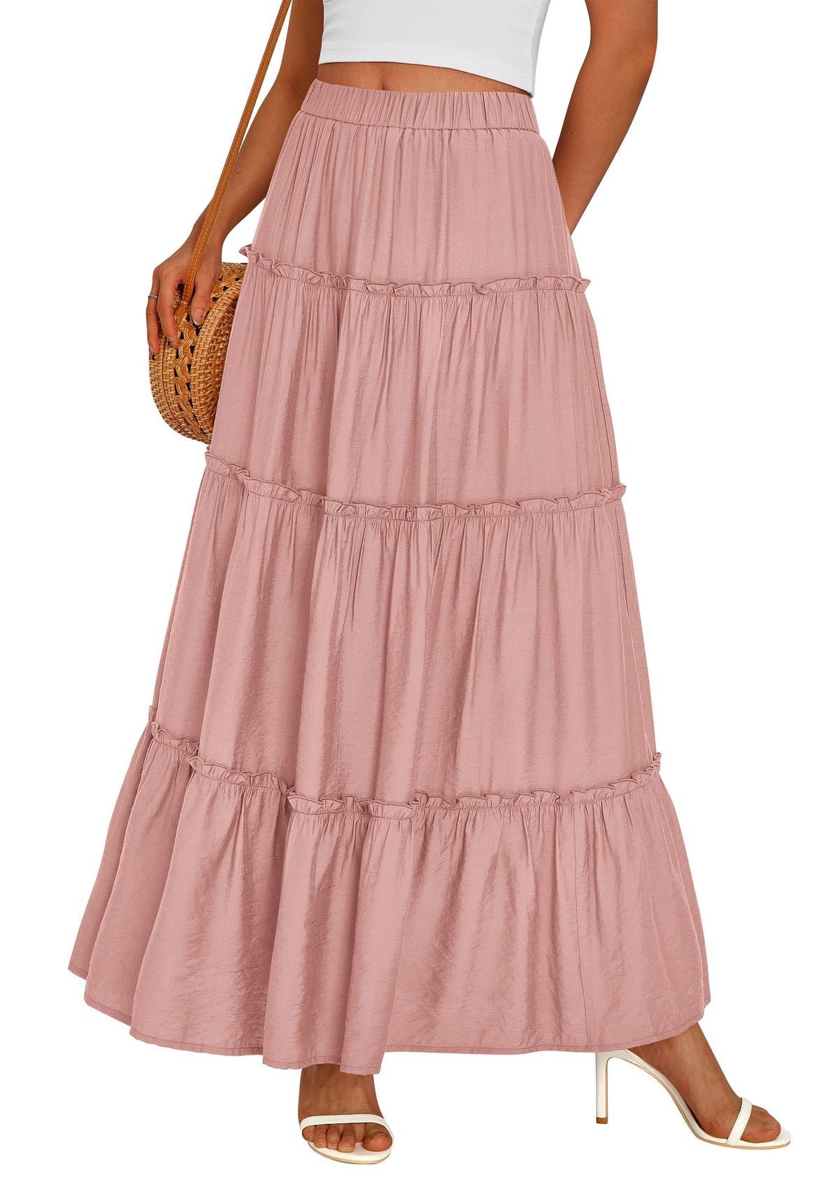 PRETTYGARDEN Women's Boho Tiered Ruffle Flowy Maxi Skirt