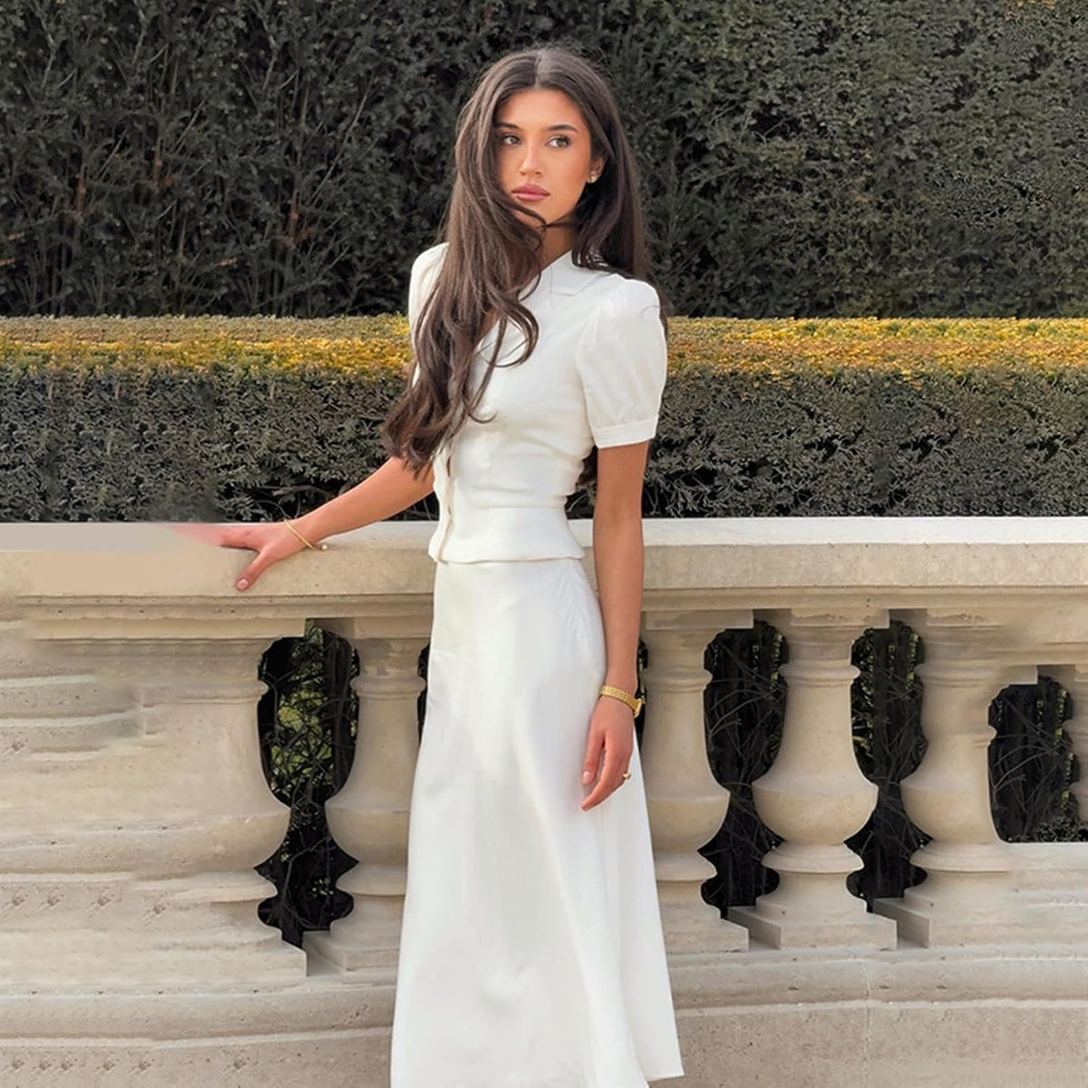 Wuitrie Women's Elegant Workwear 2 Piece Outfit V-Neck Puff Sleeve Blouse and High Waist Midi Mermaid Skirt Solid French Set