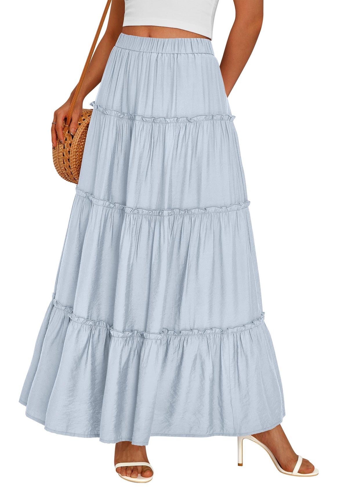 PRETTYGARDEN Women's Boho Tiered Ruffle Flowy Maxi Skirt