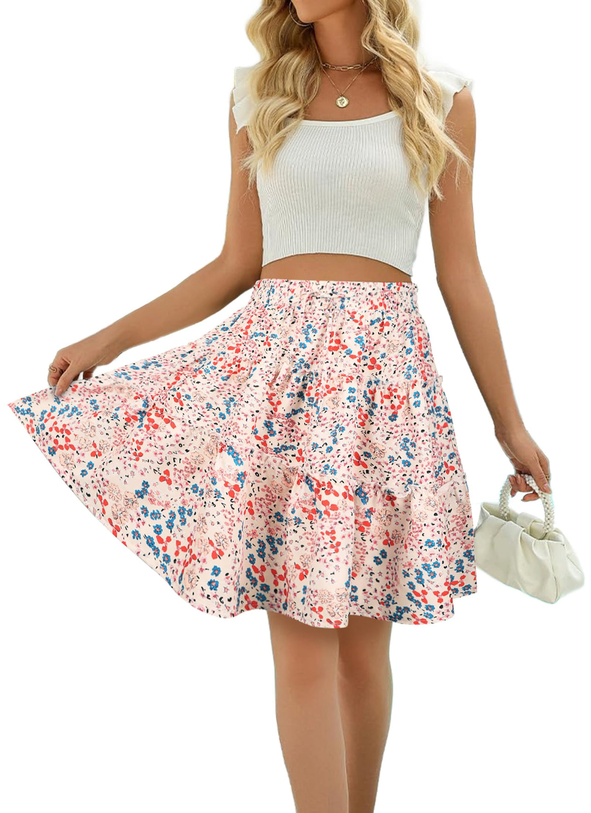 Women Summer A Line Skirt Flared Mini Elastic Waist Boho Beach Skirts