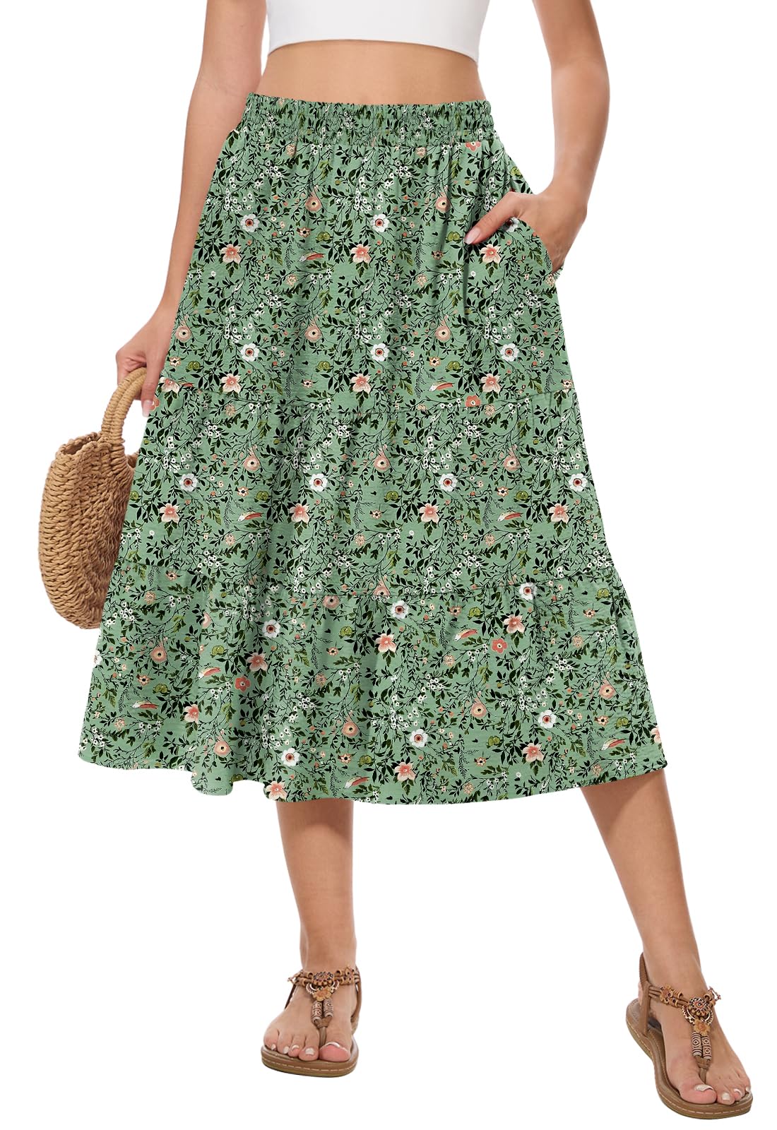 Women's Summer Midi Tiered Flowy High Waist A-Line Casual Skirts