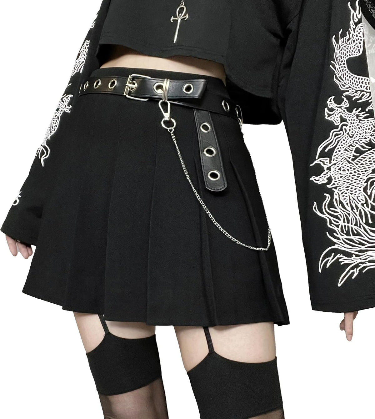 AULKEEP Pleated Mini Skirt Goth High Waist Skort with Belt