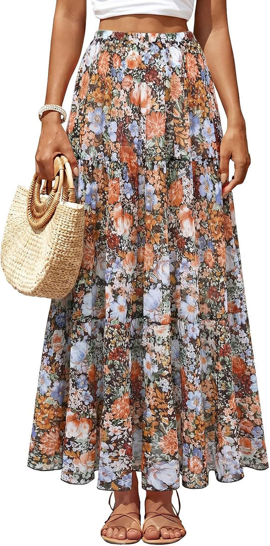 Women's Chiffon Pleated Maxi Skirt High Waist White Long Skirts
