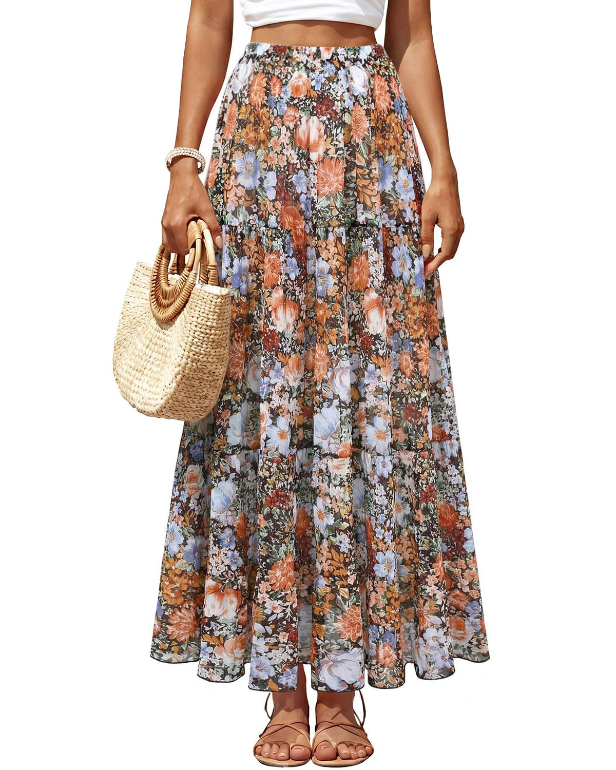 Women's Chiffon Pleated Maxi Skirt High Waist White Long Skirts