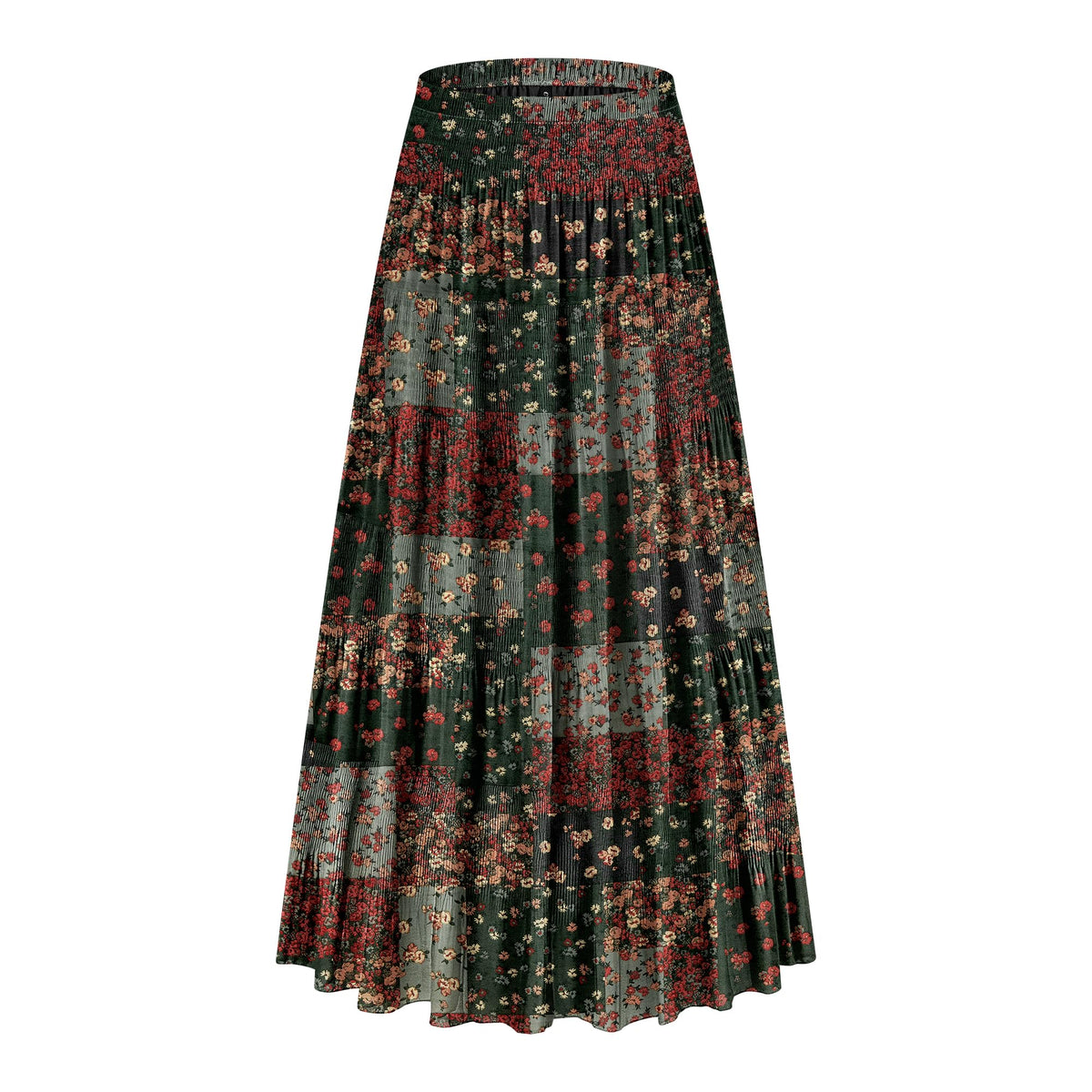 CYiNu Women's Chiffon Elastic High Waist Tiered Pleated Floral Printed A-Line Boho Long Maxi Skirts