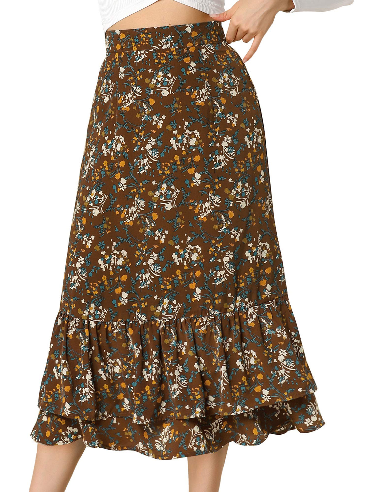 Allegra K Women's Printed Skirt Chiffon Ruffle Tiered Flowy Midi Skirts