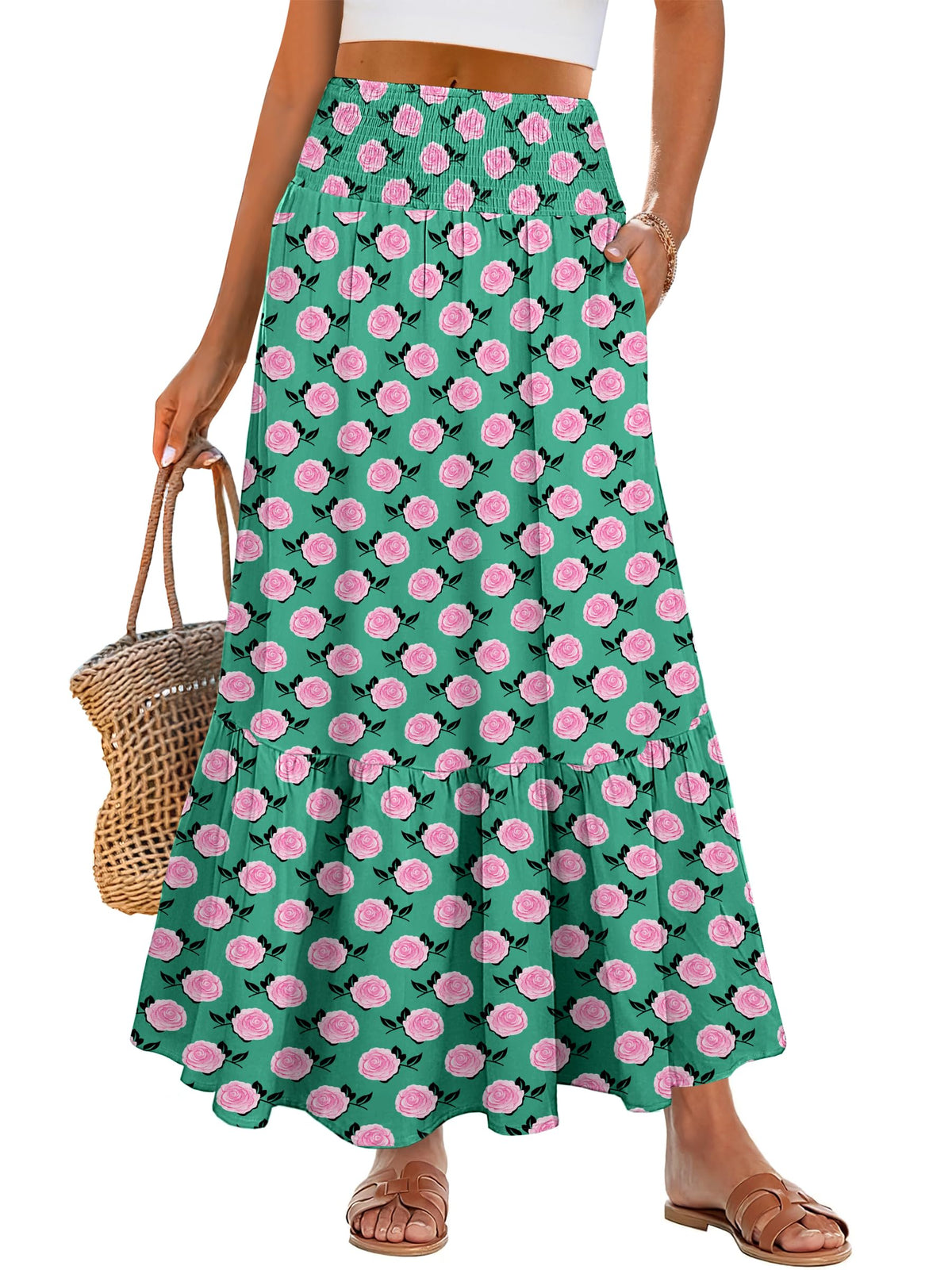 ANRABESS Women Boho Floral Maxi Skirts, High Waisted Tiered Skirt, Flowy Beach Skirts with Pockets for Vacation & Summer Wear