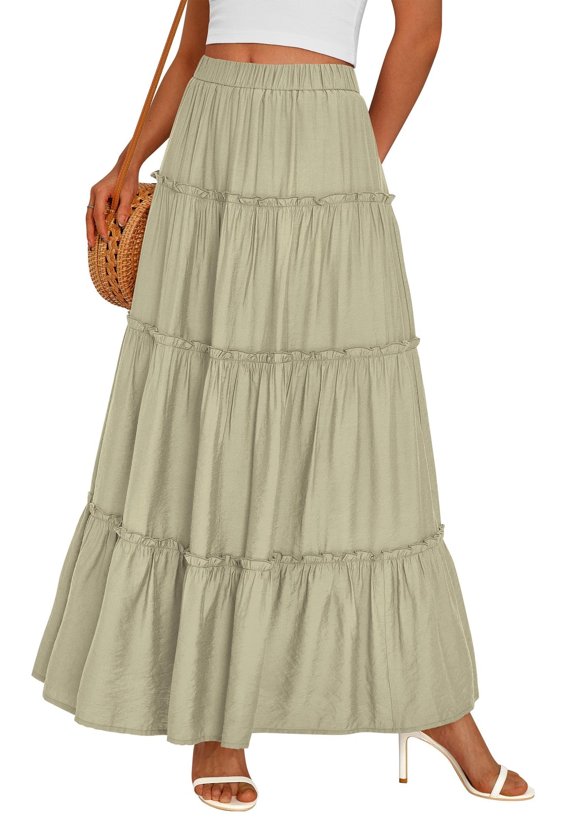 PRETTYGARDEN Women's Boho Tiered Ruffle Flowy Maxi Skirt